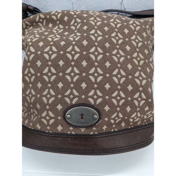 Fossil Maddox Jacquard Brown Geometric Pattern Leather Bucket Bag - Picture 5 of 16